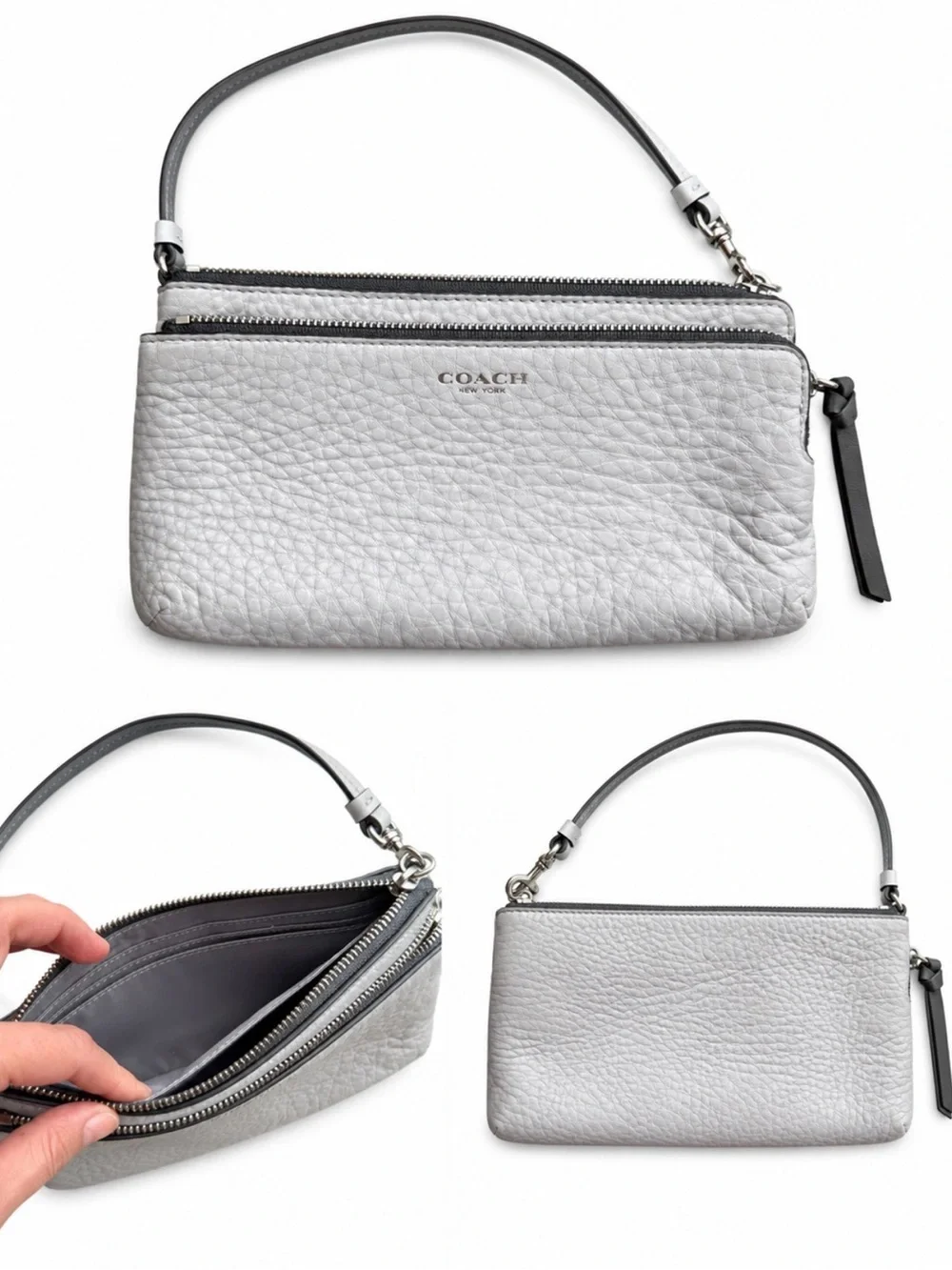 Coach Silver Pebbled Leather Double Zip Wristlet